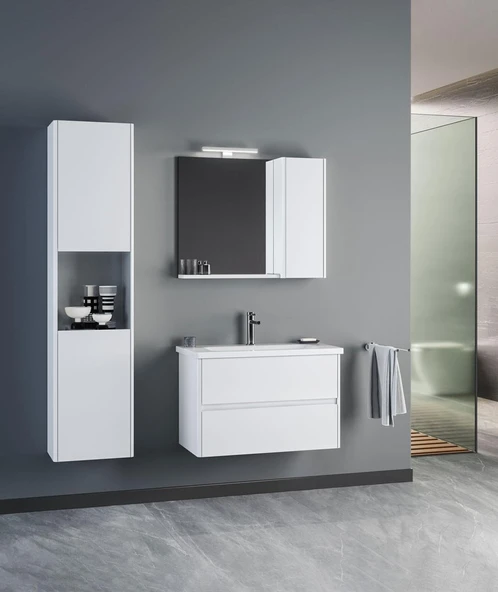Orka Düden 80 cm MDF Çekmeceli Beyaz Banyo Dolabı Takımı ve Boy Dolabı ürün görseli 1
