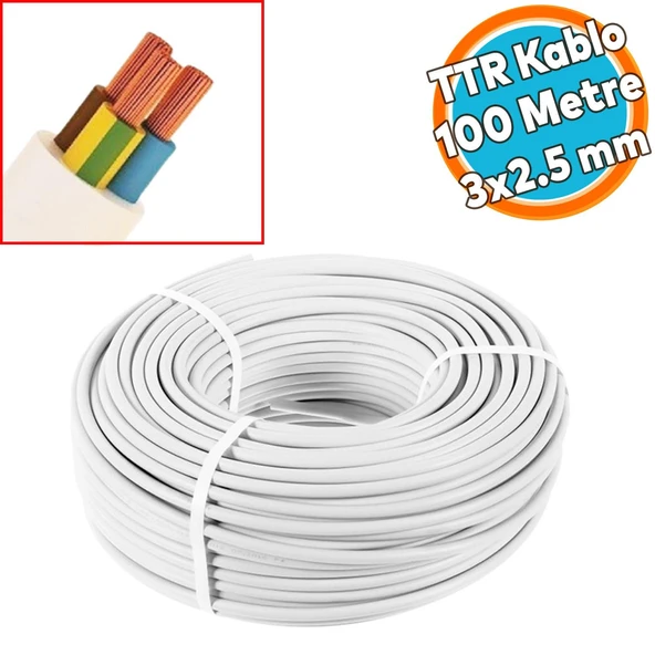 TTR CCA Çok Telli Elektrik Kablosu Topraklı Bakır İletken Damarlı Beyaz Kablo 3x2.5 mm 100 Metre ürün görseli 1