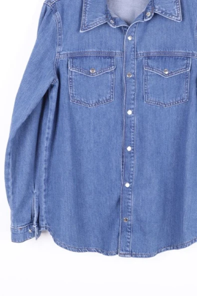 Klasik Yakalı Uzun Kollu Çıtçıt Kapama Detaylı Kadın Kot Gömlek Orta Mavi Denim Dört Mevsim ürün görseli 1