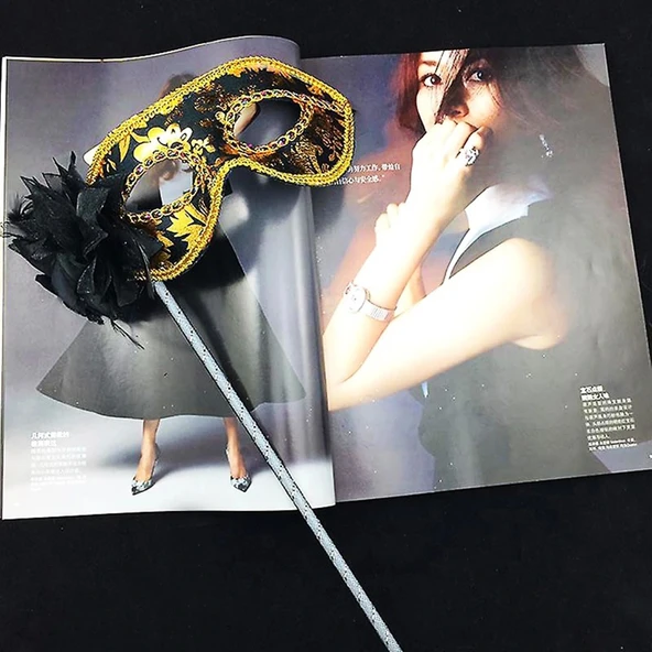 Lüks Taşlı Saplı Maskeli Balo Maskesi Siyah Renk 35 cm ürün görseli 1