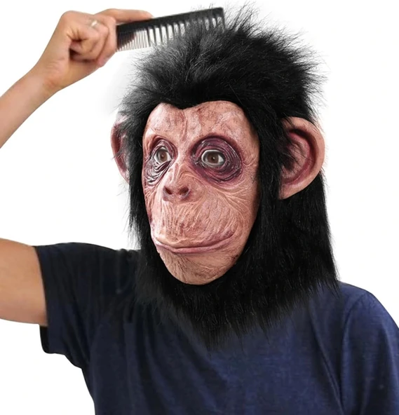 Siyah Saçlı Kafaya Tam Geçmeli Lateks Şempanze Maskesi - Lateks Maymun Orangutan Goril Maske Et Maske ürün görseli 1