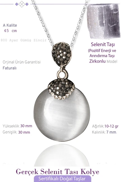 Sertifikalı Zirkon Model Taşlı Yuvarlak Selenit Taşı Kolye ürün görseli 1
