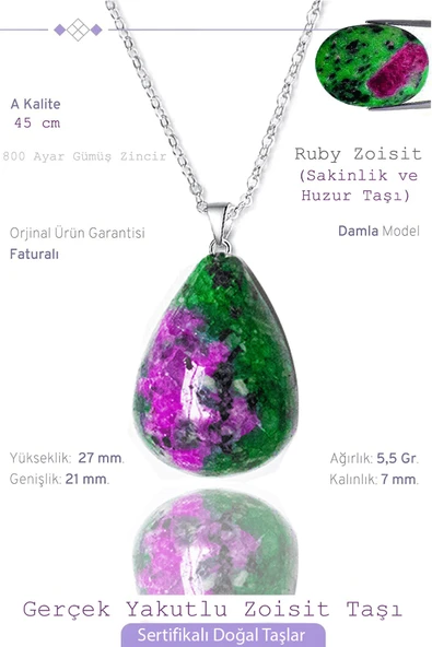 Sertifikalı Damla Model Gerçek Ruby Zoisite Kolye - Anyolit Taşı ürün görseli 1