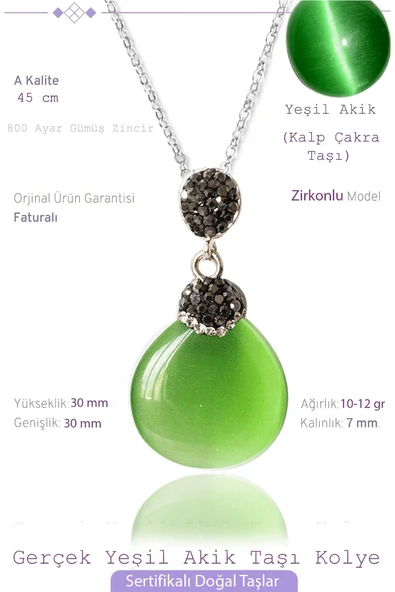 Sertifikalı Zirkon Taşlı Yeşil Akik Taşı Kolye ürün görseli 1