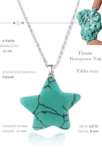 Sertifikalı Gerçek Yıldız Model Firuze (Turkuaz) Taşı Kolye - Gümüş Aparatlı ürün görseli 1