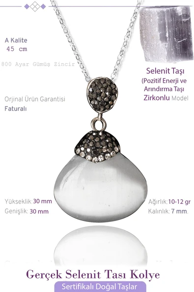 Sertifikalı Zirkon Taşlı Oval Selenit Taşı Kolye ürün görseli 1