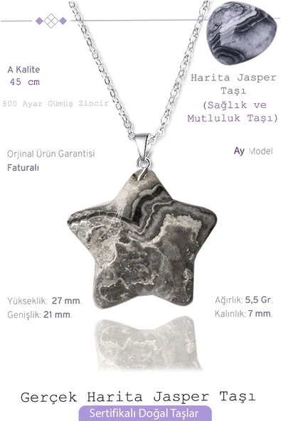 Sertifikalı Yıldız Model Gerçek Harita Desenli Jasper Taşı Kolye ürün görseli 1