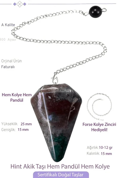 Sertifikalı Hint Akik Taşı Pandül Sarkaç Hem Pandül - Hem Kolye ürün görseli 1