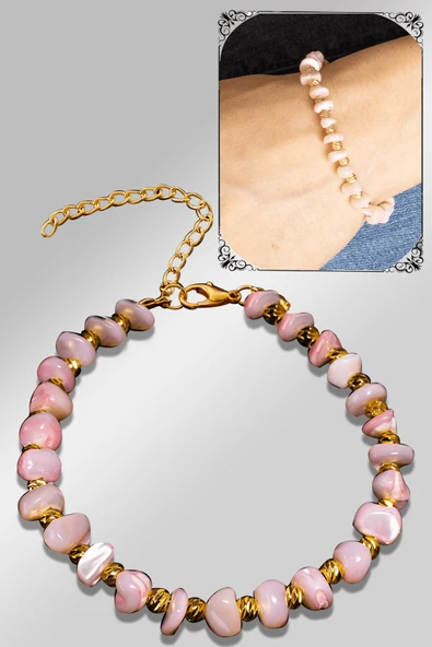 Sertifikalı Amorf Model Açık Pembe Renkli Sedef Taşı Bileklik (Ayarlamalı) ürün görseli 1