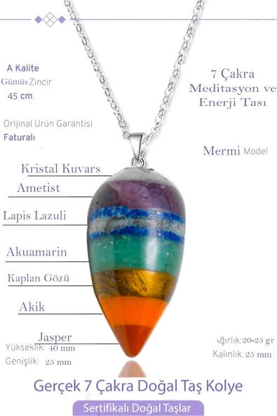 Sertifikalı Mermi Model Ametist Kaplan Gözü Lapis Akuamarin Jasper Akik Aventurin 7 Çakra Kolye ürün görseli 1