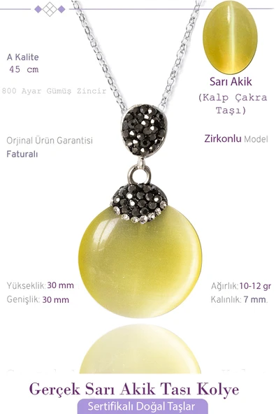 Sertifikalı Zirkon Taşlı Sarı Akik Taşı Kolye ürün görseli 1