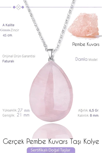 Sertifikalı Damla Model Pembe Kuvars Taşı Kolye - Açık Renk ürün görseli 1