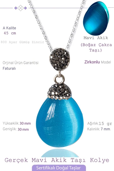 Sertifikalı Zirkon Taşlı Mavi Akik Taşı Kolye ürün görseli 1