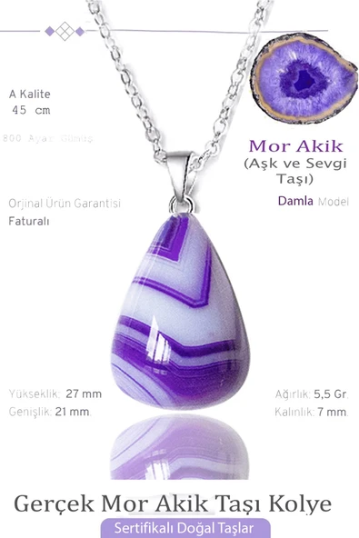 Sertifikalı Damla Model Gerçek Mor Akik Taşı Kolye ürün görseli 1