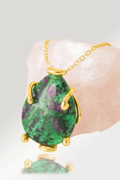 Sertifikalı AAA+ Damla Model Ruby Zoisite - Anyolit Taşı Kolye - Altın Renkli ürün görseli 1