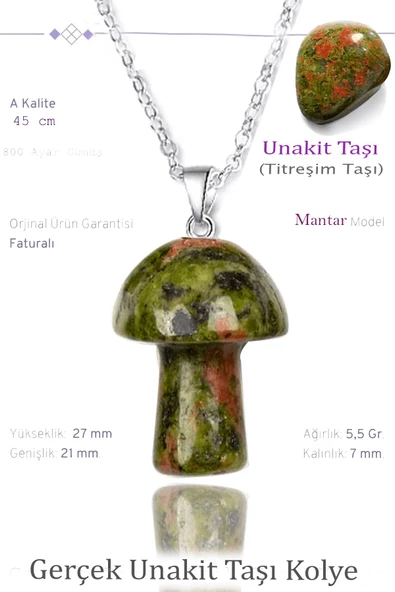 Sertifikalı Mantar Model Unakit Taşı Kolye - Gümüş Aparatlı ürün görseli 1
