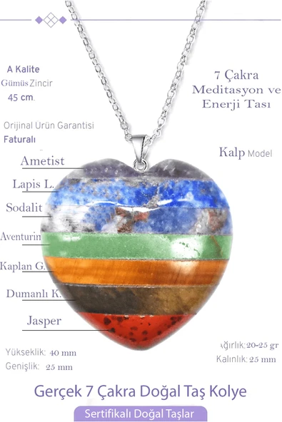 Sertifikalı Kalp Model Ametist Kuvars Aventurin Kaplan Gözü Lapis Jasper Akik 7 Çakra Kolye ürün görseli 1