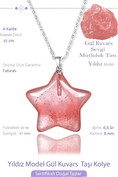 Sertifikalı Gerçek Yıldız Model Gül Kuvars Taşı Kolye - Gümüş Aparatlı ürün görseli 1
