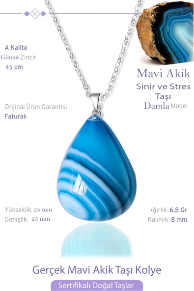 Sertifikalı Damla Model Gerçek Mavi Akik Taşı Kolye ürün görseli 1