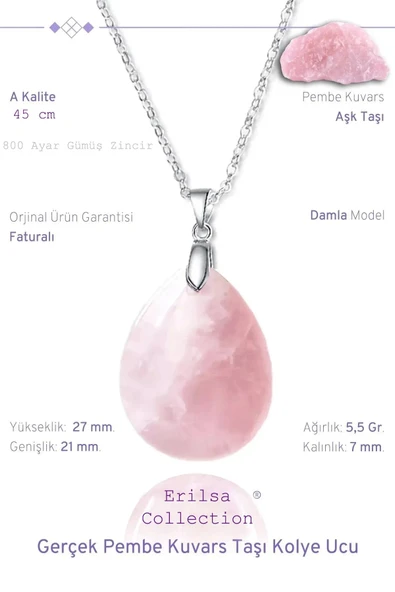 Sertifikalı Damla Model Gerçek Pembe Kuvars Taşı Kolye (Gümüş Aparat) ürün görseli 1