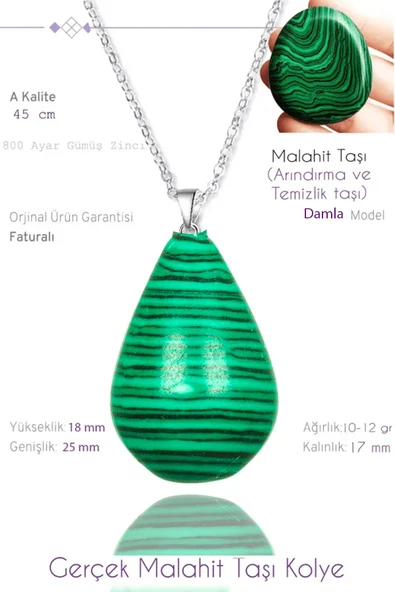 Sertifikalı Damla Model Gerçek Malahit Taşı Kolye ürün görseli 1