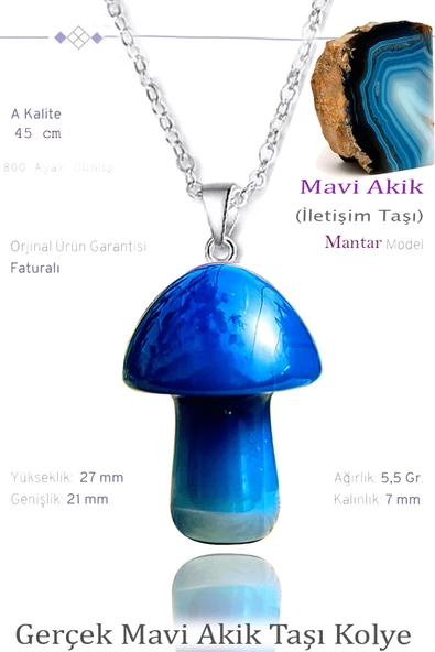 Sertifikalı Mantar Model Mavi Akik Taşı Kolye - Gümüş Aparatlı ürün görseli 1