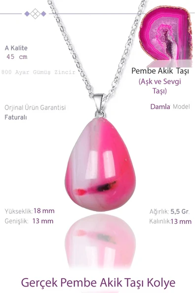 Sertifikalı Damla Model Gerçek Pembe Akik Taşı Kolye ürün görseli 1