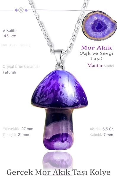 Sertifikalı Mantar Model Mor Akik Taşı Kolye - Gümüş Aparatlı ürün görseli 1