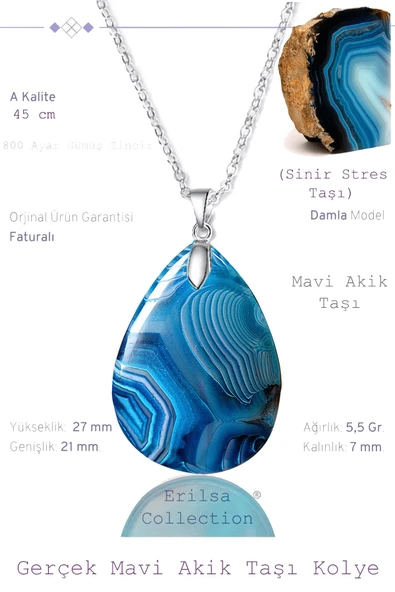 Sertifikalı Damla Model Gerçek Mavi Akik Taşı Kolye - Gümüş Aparatlı ürün görseli 1