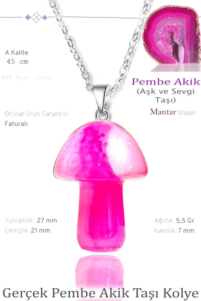 Sertifikalı Mantar Model Pembe Akik Taşı Kolye - Gümüş Aparatlı ürün görseli 1