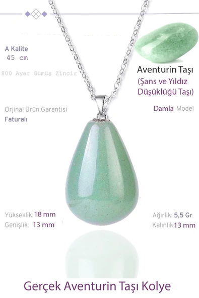 Sertifikalı Damla Model Gerçek Aventurin Taşı Kolye ürün görseli 1