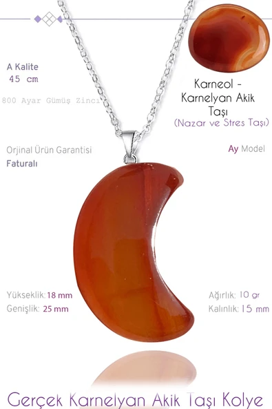 Sertifikalı Ay Model Gerçek Karnelyan Akik Taşı Kolye ürün görseli 1