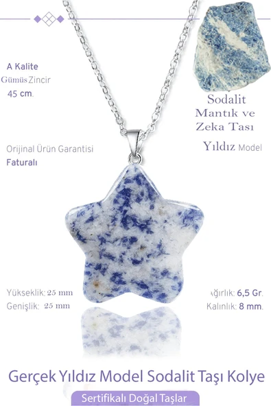 Sertifikalı Gerçek Yıldız Model Sodalit Taşı Kolye - Gümüş Aparatlı ürün görseli 1