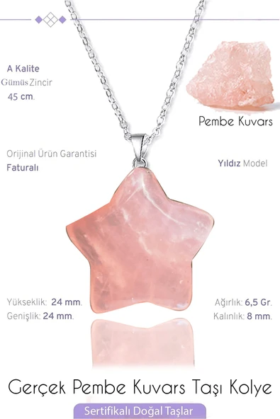 Sertifikalı Gerçek Yıldız Model Pembe Kuvars Taşı Kolye - Gümüş Aparatlı ürün görseli 1