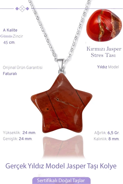 Sertifikalı Yıldız Model Kırmızı Jasper Taşı Kolye - Hırs ve Azim Veren Doğal Taş ürün görseli 1