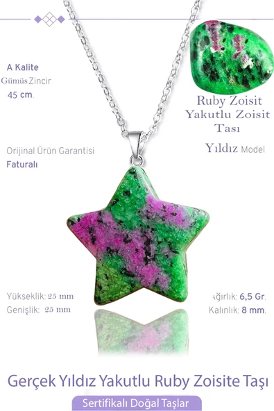Sertifikalı Gerçek Yıldız Model Ruby Yakutlu Zoisite Taşı Kolye (Anyolit Taşı) ürün görseli 1