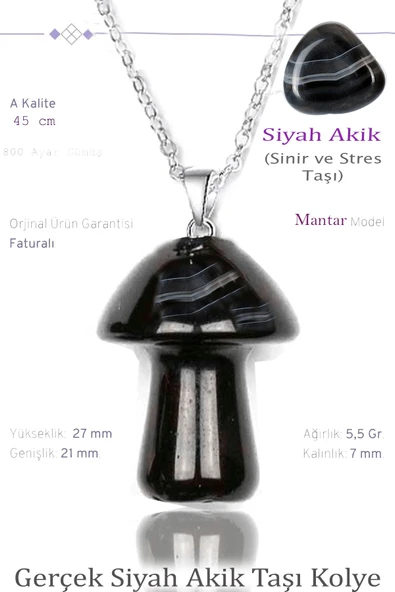 Sertifikalı Mantar Model Siyah Akik Taşı Kolye - G1ümüş Aparatlı ürün görseli 1