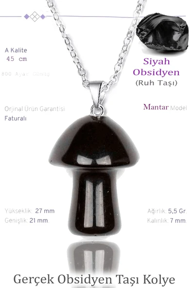 Sertifikalı Mantar Model Obsidyen Taşı Kolye - Gümüş Aparatlı ürün görseli 1