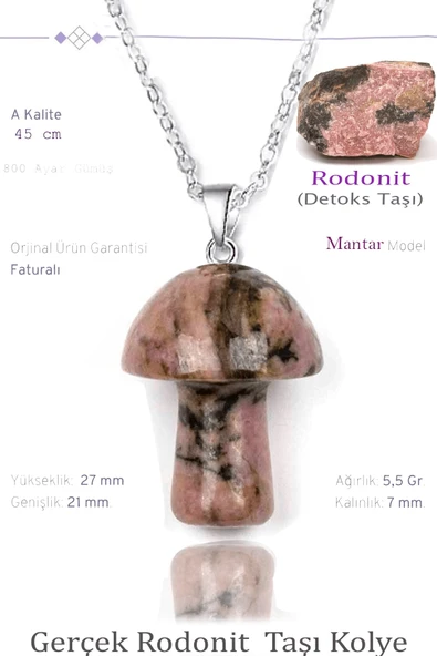 Sertifikalı Mantar Model Rodonit Taşı Kolye - Gümüş Aparatlı ürün görseli 1