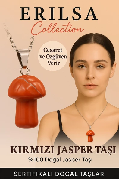 Sertifikalı Mantar Model Kırmızı Jasper Taşı Kolye - Cesaret ve Özgüven Veren Doğal Kolye ürün görseli 1