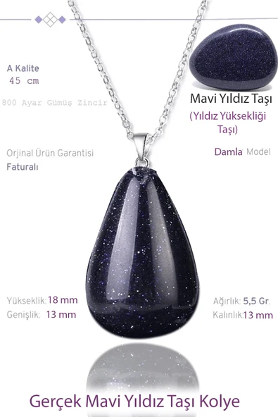 Sertifikalı Damla Model Gerçek Mavi Yıldız Taşı Kolye ürün görseli 1