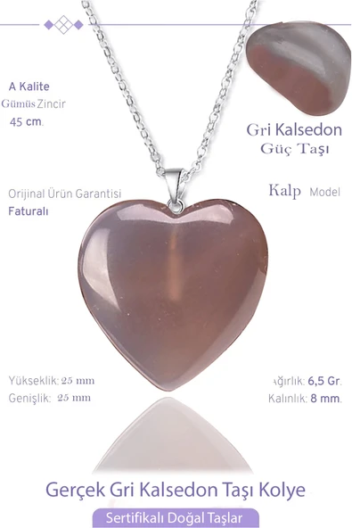 Sertifikalı Gerçek Kalp Model Gri Kalsedon Taşı Kolye ürün görseli 1