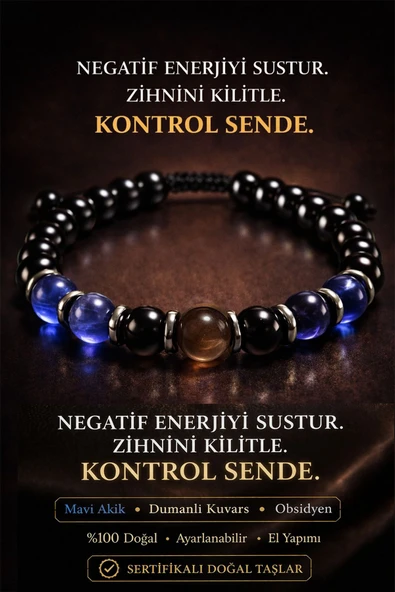Sertifikalı Mavi Akik Dumanlı Kuvars Obsidyen Bileklik 8 mm Terahertz Aparatlı Unisex ürün görseli 1