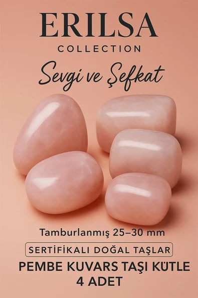 Sertifikalı Doğal Pembe Kuvars Taşı Kütle 4 Adet (25-30 mm) – Aşk ve Huzur Enerjisi ürün görseli 1