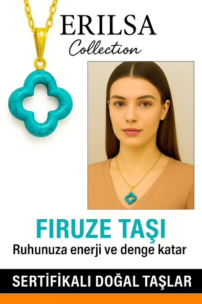 Sertifikalı Gold Yonca Model Firuze Turkuaz Taşı Kolye ürün görseli 1