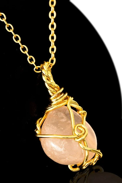 Sertifikalı Gold Renkli Doğal Tel Sargılı Pembe Kuvars Taşı Kolye – Sevgi ve Şefkat Taşı ürün görseli 1