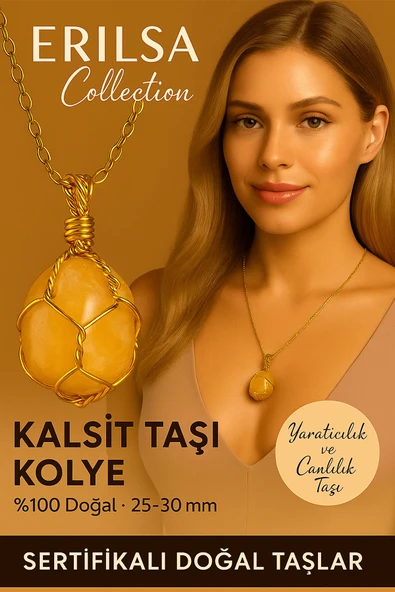 Sertifikalı Tel Sargılı Doğal Sarı Kalsit Taşı Kolye – Altın Kaplama Canlılık ve Enerji Taşı ürün görseli 1