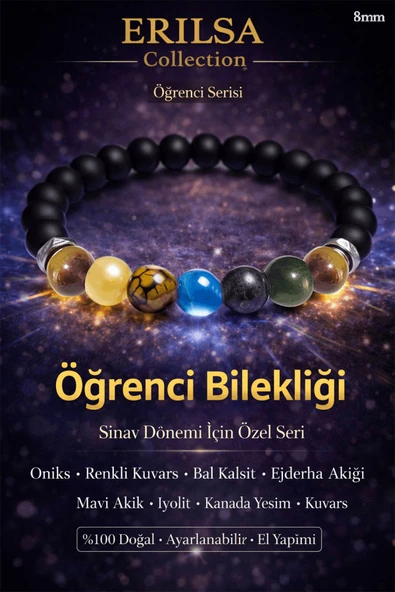 Sertifikalı Doğal Taş Öğrenci Bilekliği 7 Çakra Enerji Bileklik Oniks Kuvars Akik İyolit Yeşim Taşı ürün görseli 1