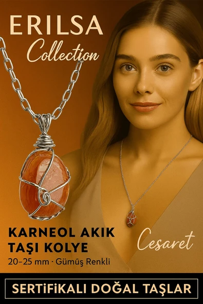 Sertifikalı Gümüş Tel Sargılı Doğal Karneol (Karnelyan) Akik Taşı Kolye – 20-25 mm Enerji ve Tutku Taşı ürün görseli 1