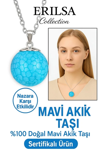 Sertifikalı Yuvarlak Doğal Damarlı Mavi Akik Kolye – Koruyucu Enerji ürün görseli 1